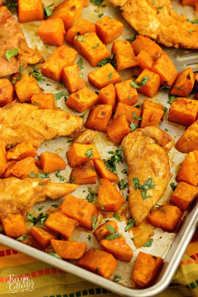 Sheet Pan Sweet and Spicy Chicken and Sweet Potatoes - An easy all in one sheet pan supper with a sweet heat spice!  It makes a great healthy dinner idea!