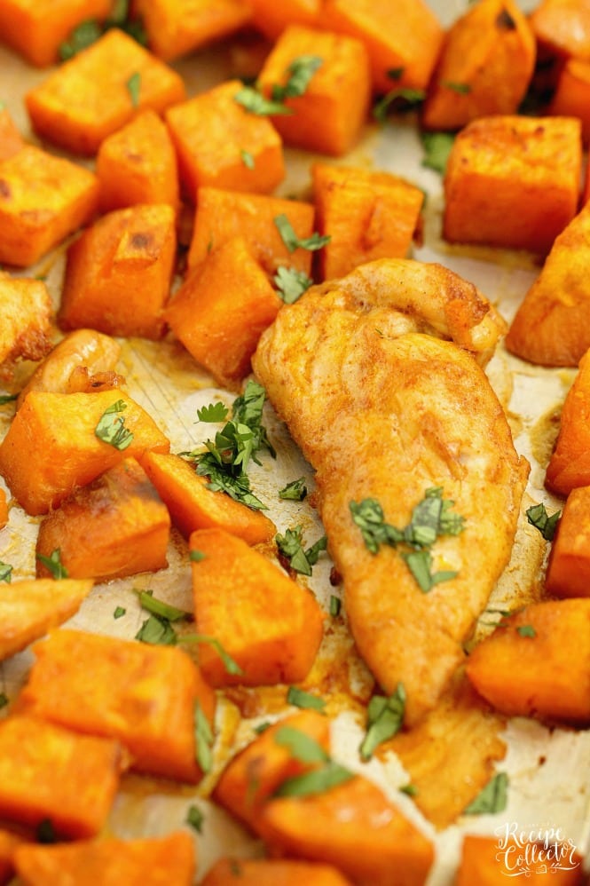 Sheet Pan Sweet and Spicy Chicken and Sweet Potatoes - An easy all in one sheet pan supper with a sweet heat spice!  It makes a great healthy dinner idea!