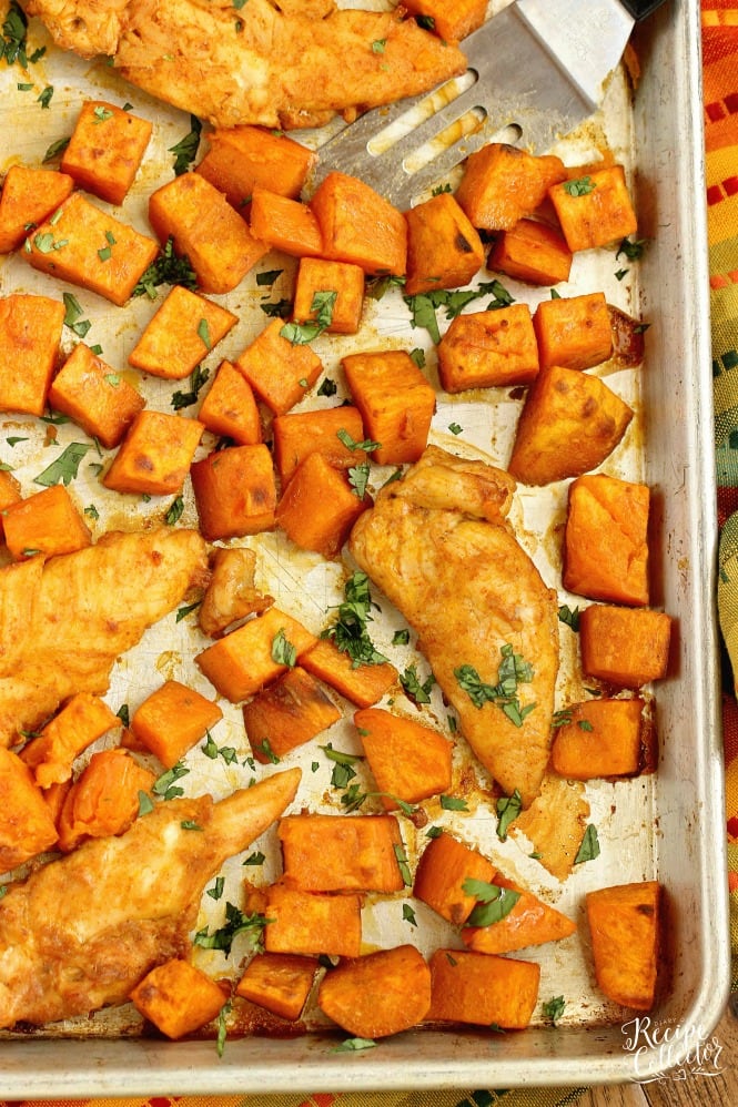 Sheet Pan Sweet and Spicy Chicken and Sweet Potatoes - An easy all in one sheet pan supper with a sweet heat spice!  It makes a great healthy dinner idea!