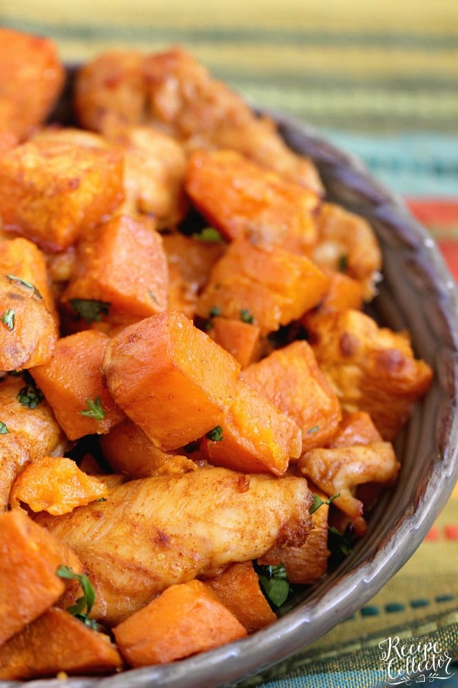 Sheet Pan Sweet and Spicy Chicken and Sweet Potatoes - An easy all in one sheet pan supper with a sweet heat spice!  It makes a great healthy dinner idea!