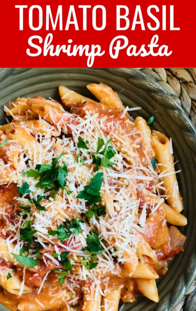 Tomato Basil Shrimp Pasta - A delicious pasta recipe filled with a creamy tomato basil sauce.