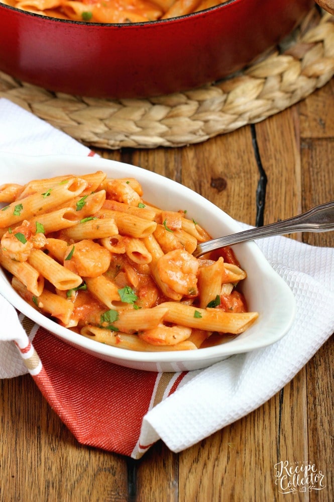 Tomato Basil Shrimp Pasta - A delicious pasta recipe filled with a creamy tomato basil sauce.  