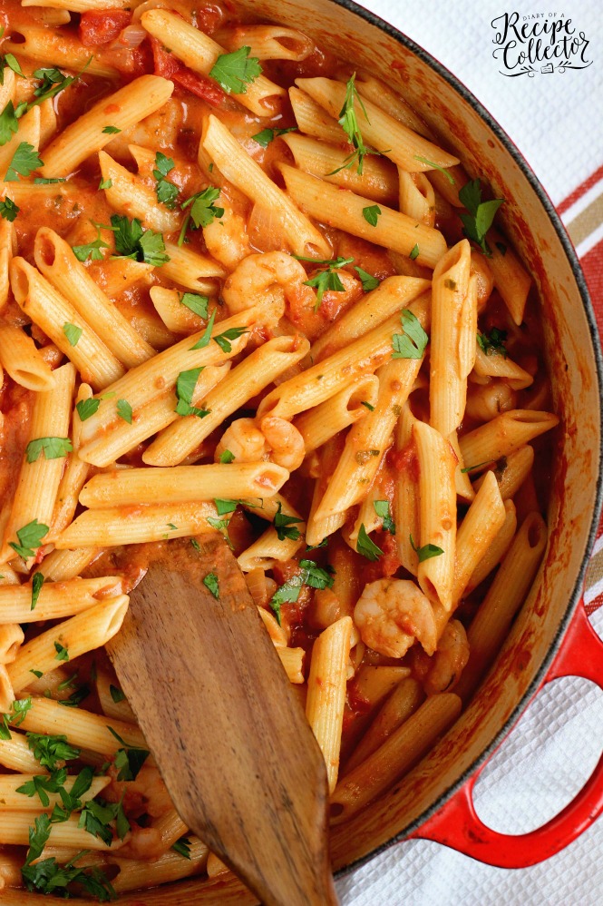 Tomato Basil Shrimp Pasta - A delicious pasta recipe filled with a creamy tomato basil sauce.  