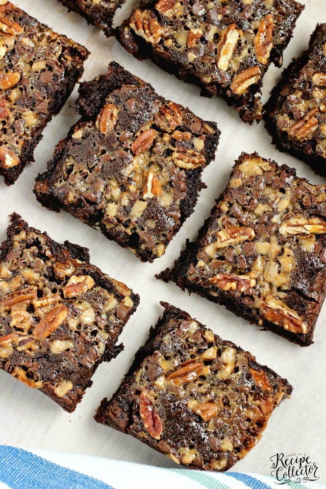 Turtle Brownies - Take your box brownie mix to the next level of good by adding toffee bits, mini chocolate chips,  chopped pecans, and a drizzle of caramel topping.  They are decadent!