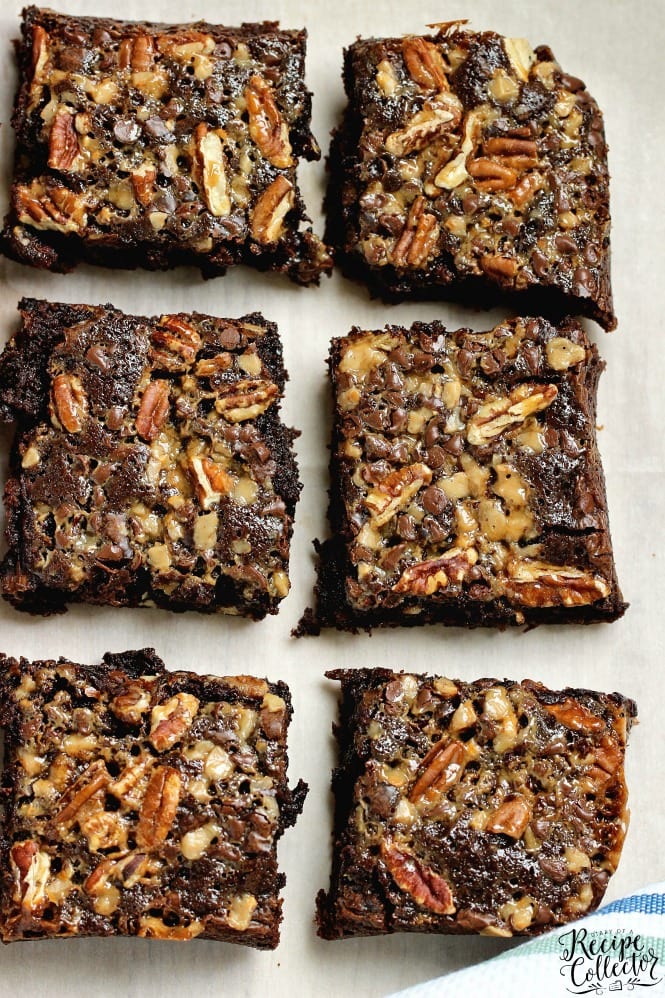 Turtle Brownies - Take your box brownie mix to the next level of good by adding toffee bits, mini chocolate chips,  chopped pecans, and a drizzle of caramel topping.  They are decadent!