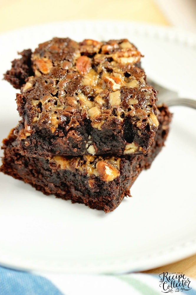Turtle Brownies - Take your box brownie mix to the next level of good by adding toffee bits, mini chocolate chips,  chopped pecans, and a drizzle of caramel topping.  They are decadent!