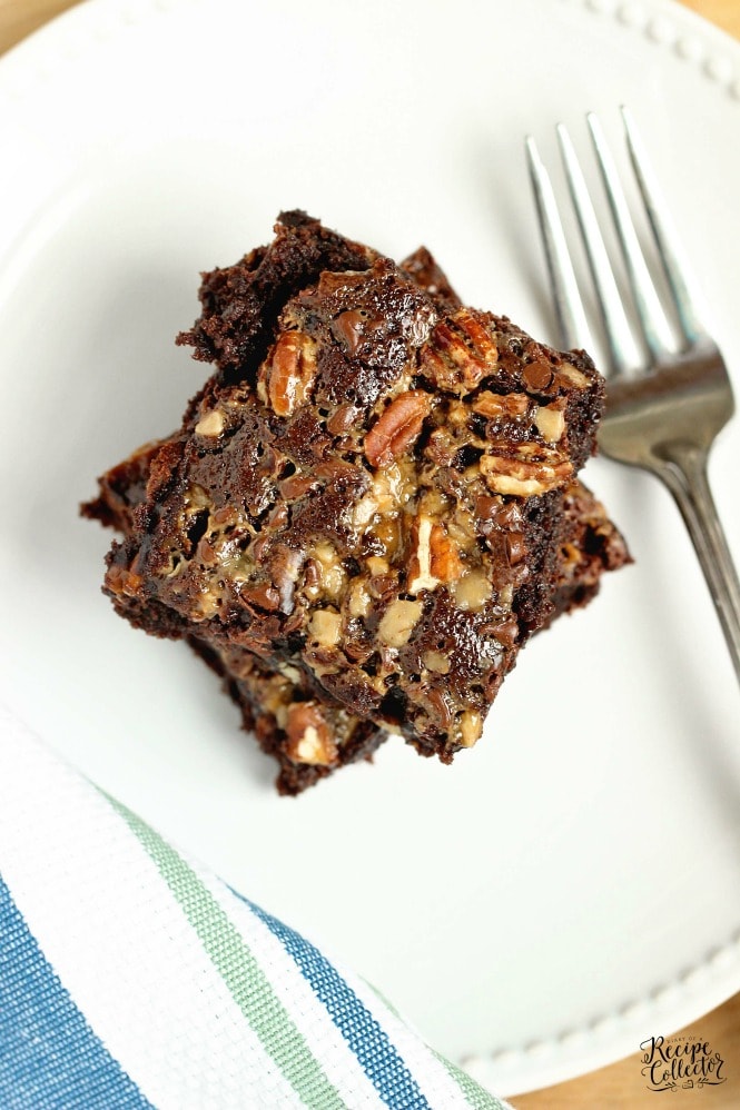 Turtle Brownies - Take your box brownie mix to the next level of good by adding toffee bits, mini chocolate chips,  chopped pecans, and a drizzle of caramel topping.  They are decadent!