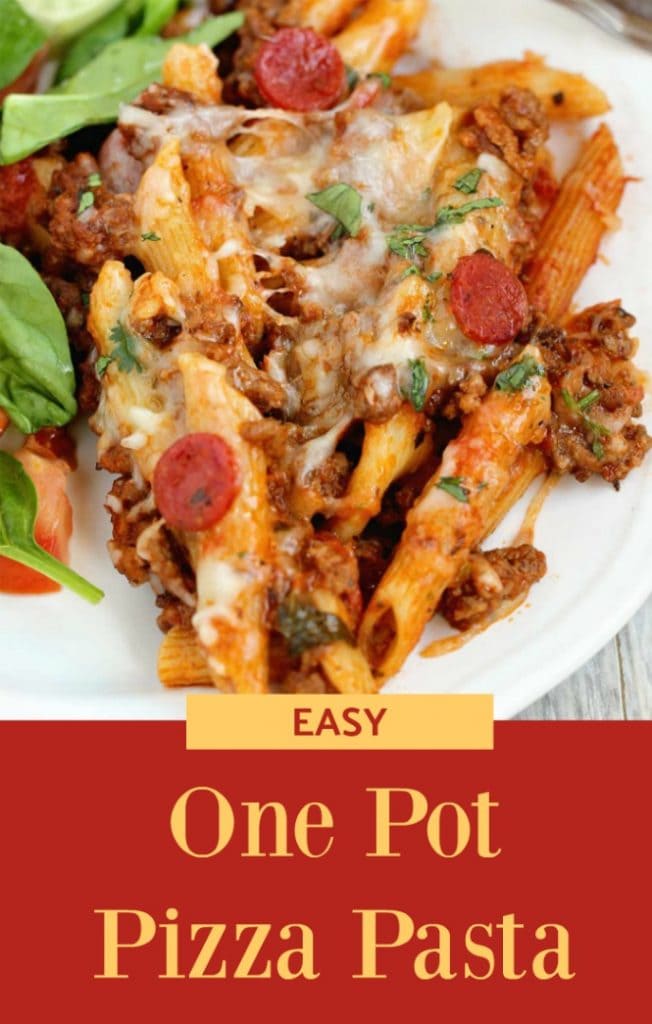 Easy One Pot Pizza Pasta - A quick and delicious dinner idea filled with ground beef, mini pepperoni, Italian spices, pasta, and cheese.  