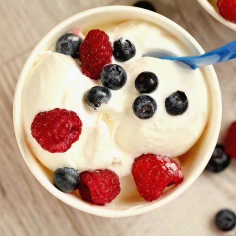 Easy Homemade Vanilla Ice Cream - This easy ice cream recipe is only 5 ingredients and egg-free.  We are making it on repeat around our house all summer!