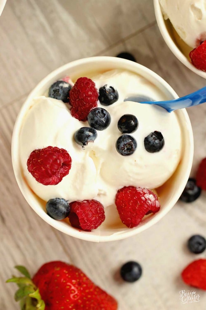 Easy Homemade Vanilla Ice Cream - This easy ice cream recipe is only 5 ingredients and egg-free.  We are making it on repeat around our house all summer!