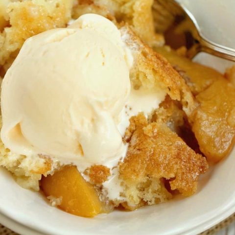 Old-Fashioned Peach Cobbler Recipe - A quick and easy to prepare cobbler with a light sweetened cake topping!  