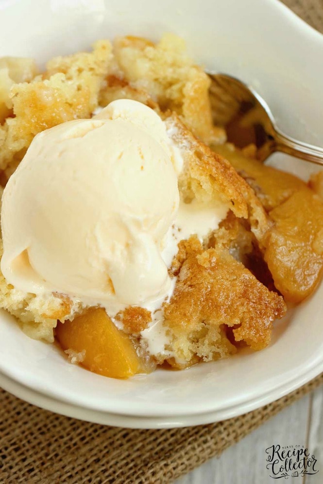 Old-Fashioned Peach Cobbler Recipe - A quick and easy to prepare cobbler with a light sweetened buttery cake topping!  