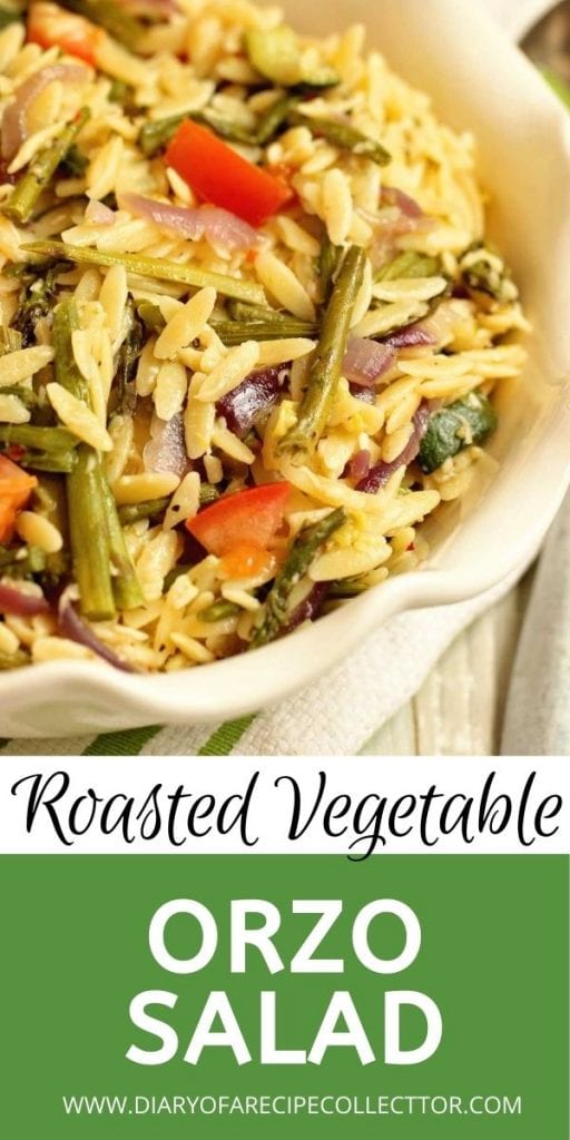Roasted Vegetable Orzo Salad - Roasted asparagus, red onion, and zucchini tossed with orzo pasta, Italian dressing, balsamic vinegar, and parmesan for an easy flavorful side dish recipe.