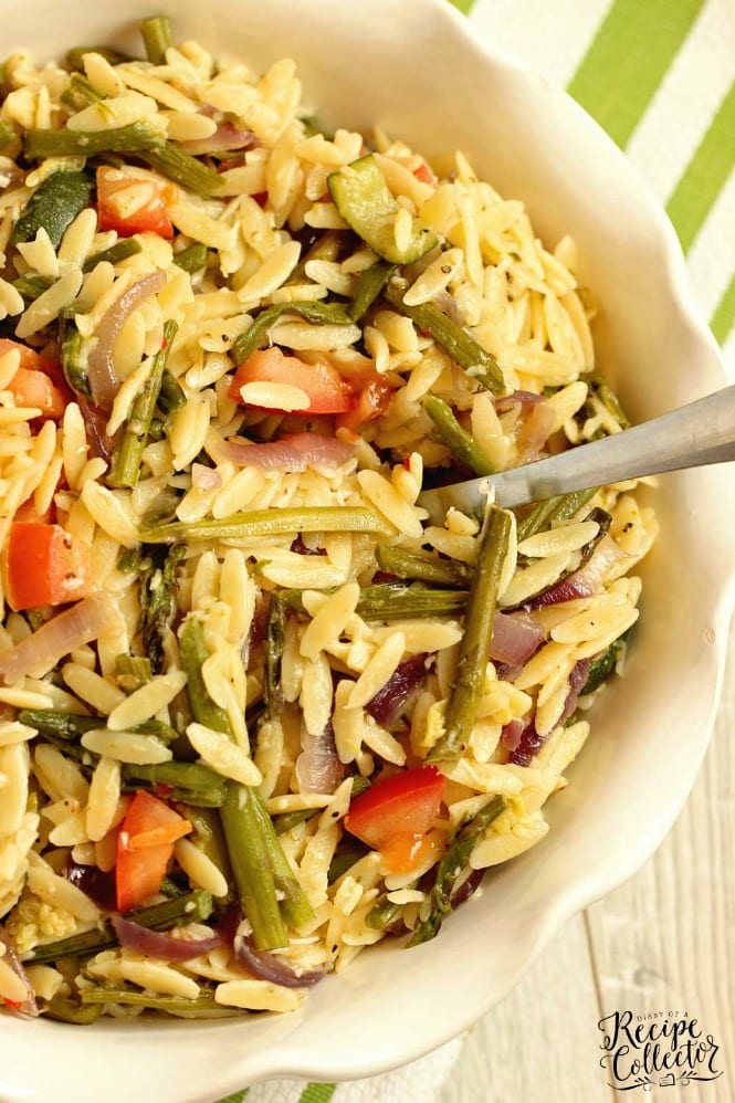 Roasted Vegetable Orzo Salad - Roasted asparagus, red onion, and zucchini tossed with orzo pasta, Italian dressing, balsamic vinegar, and parmesan for an easy flavorful side dish recipe.