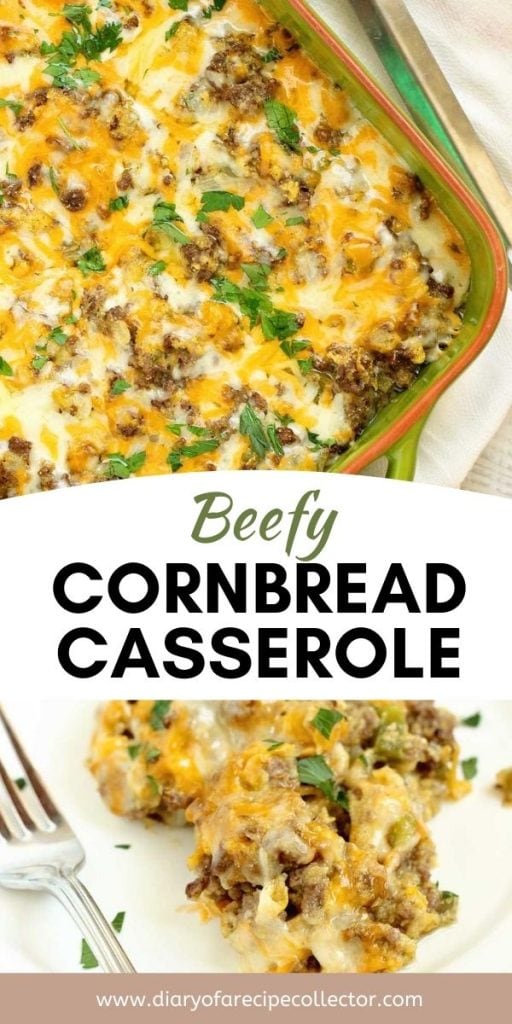 Beefy Cornbread Casserole - A super easy dinner recipe filled with ground beef, cream style corn, and cornbread.  It makes a great weeknight dinner idea!