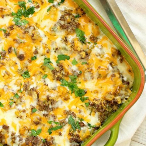 Beefy Cornbread Casserole - A super easy dinner recipe filled with ground beef, cream style corn, and cornbread.  It makes a great weeknight dinner idea!