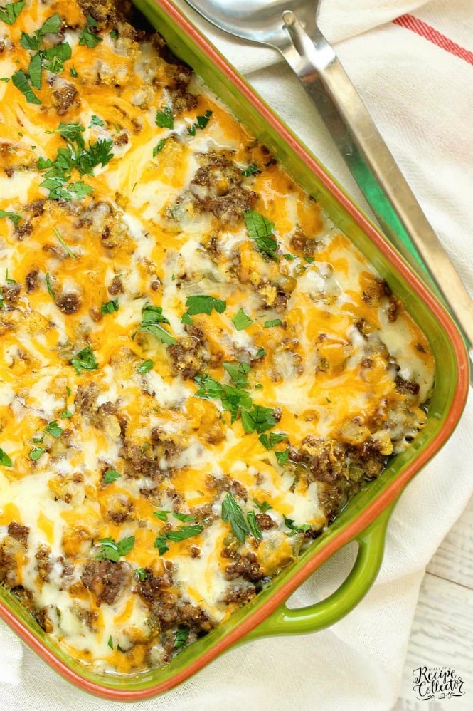 Beefy Cornbread Casserole - A super easy dinner recipe filled with ground beef, cream style corn, and cornbread. It makes a great weeknight dinner idea!