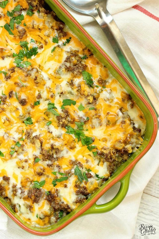 Beefy Cornbread Casserole - A super easy dinner recipe filled with ground beef, cream style corn, and cornbread.  It makes a great weeknight dinner idea!