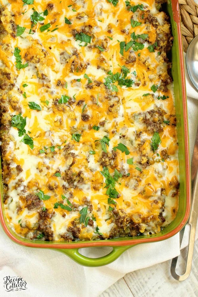 Beefy Cornbread Casserole - A super easy dinner recipe filled with ground beef, cream style corn, and cornbread.  It makes a great weeknight dinner idea!