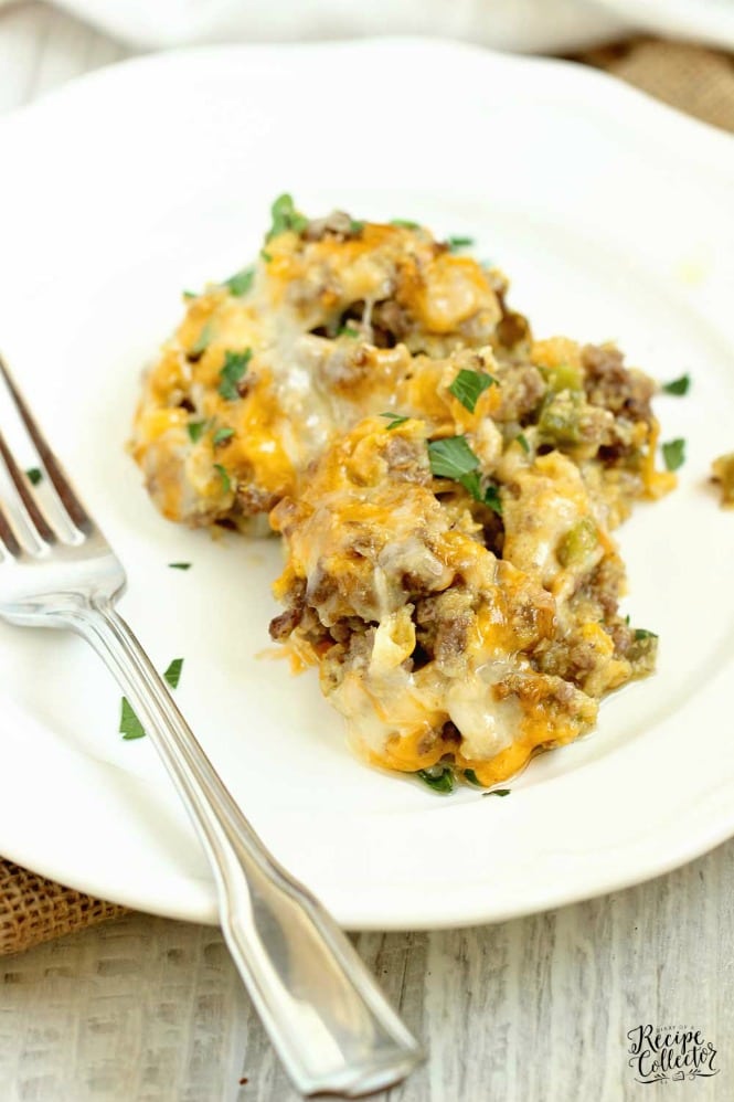 Beefy Cornbread Casserole - A super easy dinner recipe filled with ground beef, cream style corn, and cornbread.  It makes a great weeknight dinner idea!