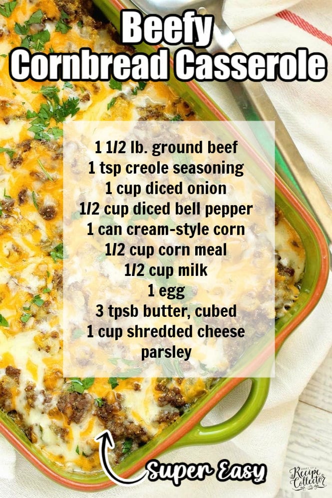 Beefy Cornbread Casserole - A super easy dinner recipe filled with ground beef, cream style corn, and cornbread.  It makes a great weeknight dinner idea!