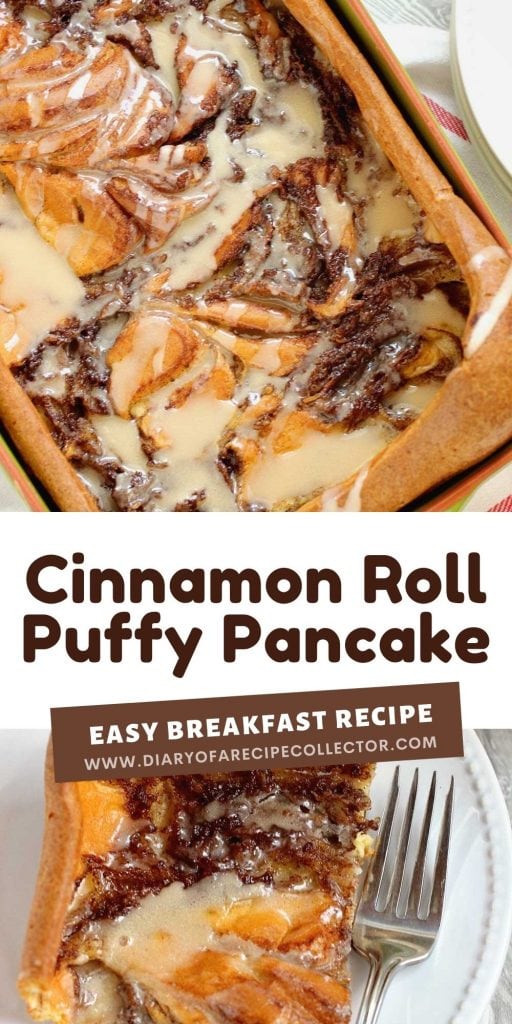 Cinnamon Roll Puffy Pancake -An easy to prepare oven-baked pancake filled with swirls of a cinnamon sugar mixture and topped with a quick icing. 