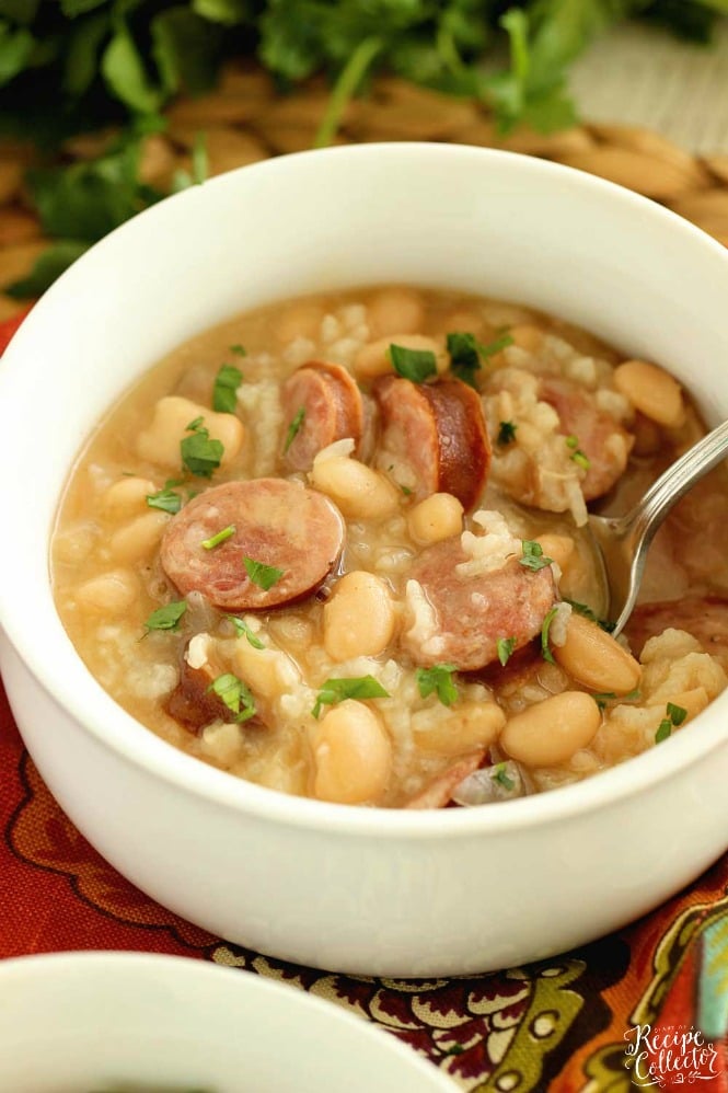 Instant Pot White Beans, Sausage, and Rice - It only takes minutes and a few ingredients to make this easy all in one pot meal filled with smoked sausage, white beans, rice, and some spice.