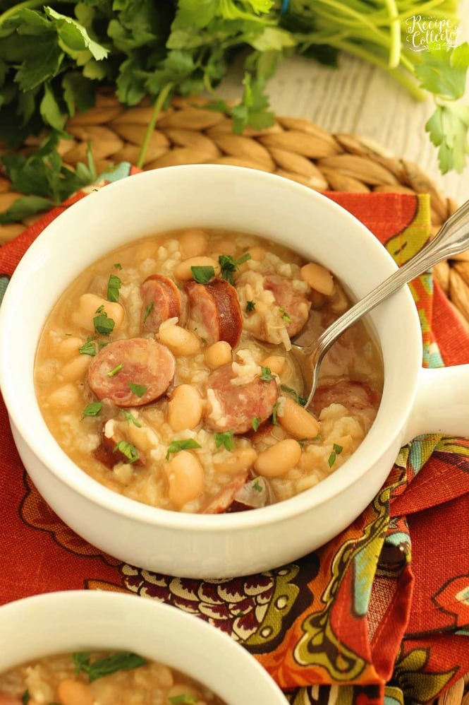 Instant Pot White Beans, Sausage, and Rice - It only takes minutes and a few ingredients to make this easy all in one pot meal filled with smoked sausage, white beans, rice, and some spice.