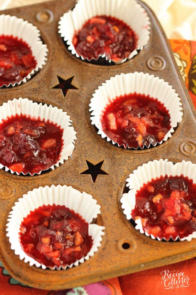 Cranberry Cups - The perfect way to make cranberry sauce pleasing for everyone!  This recipe uses strawberry jello and crushed pineapple to create a wonderful cranberry fruit salad in a muffin cup.  These are great for individual servings! 