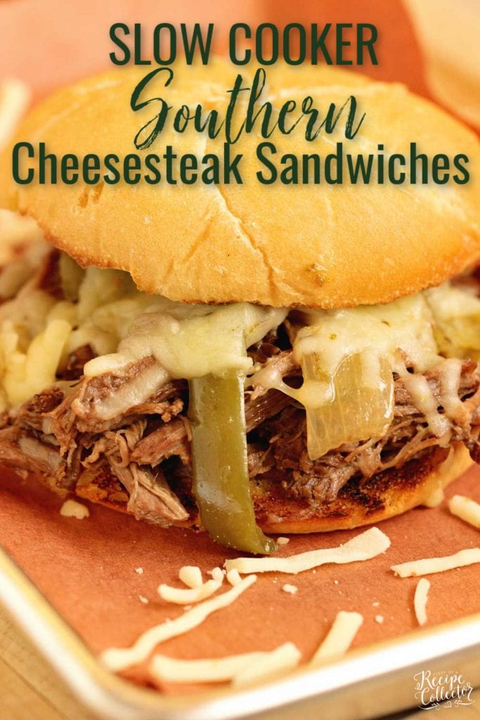 Slow Cooker Southern Cheesesteak Sandwiches - Shredded beef, onions, and peppers piled high with Pepper Jack cheese and served on a toasted kaiser roll.  This is an easy and delicious dinner recipe you must try soon!
