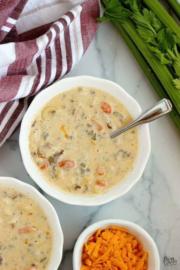 Instant Pot Cheeseburger Soup - A quick and easy hearty soup recipe filled with ground beef, noodles, veggies, and creamy cheese.