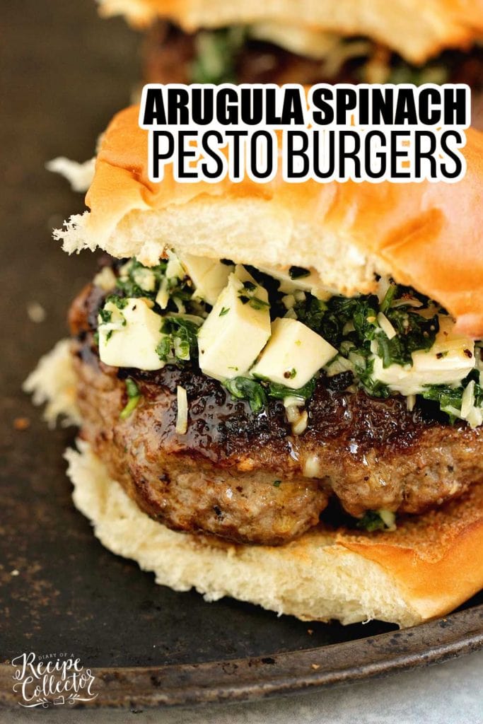 Arugula Spinach Pesto Burgers - Delicious burgers topped with a quick spinach, arugula, parmesan, and mozzarella mix.  These are amazing!