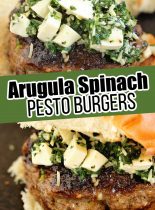 Arugula Spinach Pesto Burgers - Delicious burgers topped with a quick spinach, arugula, parmesan, and mozzarella mix.  These are amazing!