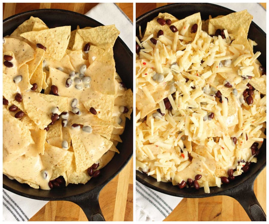 Loaded Skillet Nachos - Layers of tortilla chips, black beans, white cheese sauce, shredded Pepperjack, lettuce, and pico make this the ultimate snack or dinner idea!