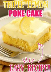Triple Lemon Poke Cake - An easy lemon cake baked with lemon curd, filled with more lemon curd, and topped with a lemon pudding icing.
