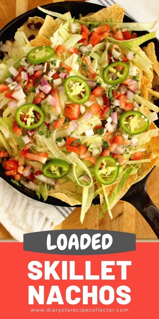 Loaded Skillet Nachos - Layers of tortilla chips, black beans, white cheese sauce, shredded Pepperjack, lettuce, and pico make this the ultimate snack or dinner idea!