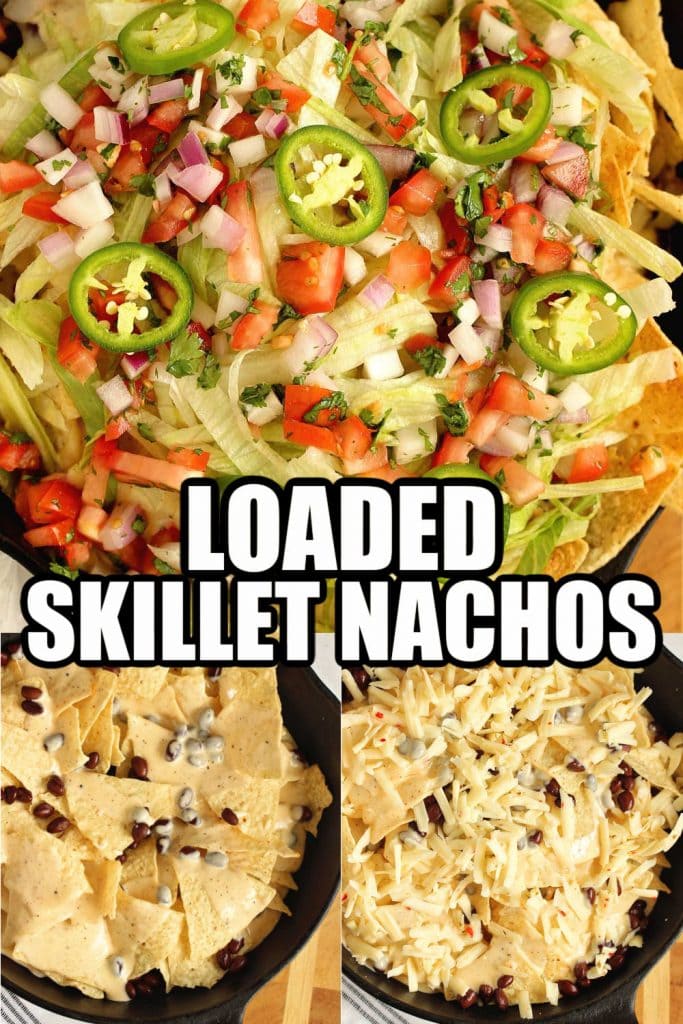 Loaded Skillet Nachos - Layers of tortilla chips, black beans, white cheese sauce, shredded Pepperjack, lettuce, and pico make this the ultimate snack or dinner idea!
