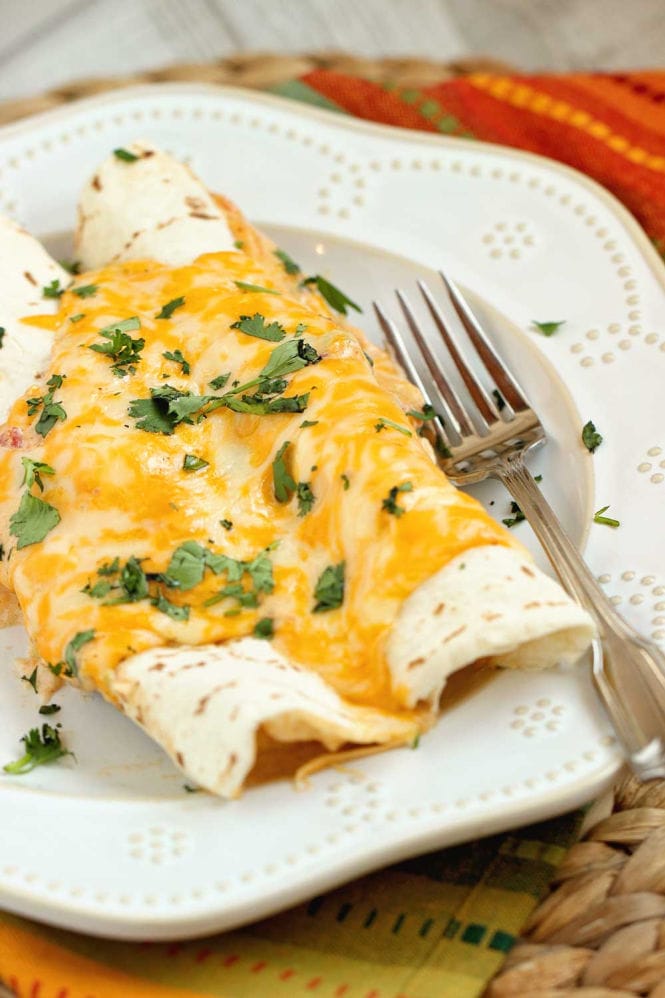 Cheesy Cajun Shrimp Enchiladas - Shrimp smothered in a homemade cheese sauce with Creole spices rolled into flour tortillas and baked. 