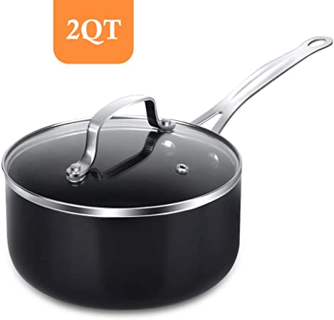 SHINEURI 2 Quart Sauce Pan Nonstick Ceramic Saucepan with Lid & Stainless Steel Handle, Cooking for Soup, Stew, Sauce, Pasta & Reheat Food, Compatible for Induction, Gas, Electric & Stovetops (Black)