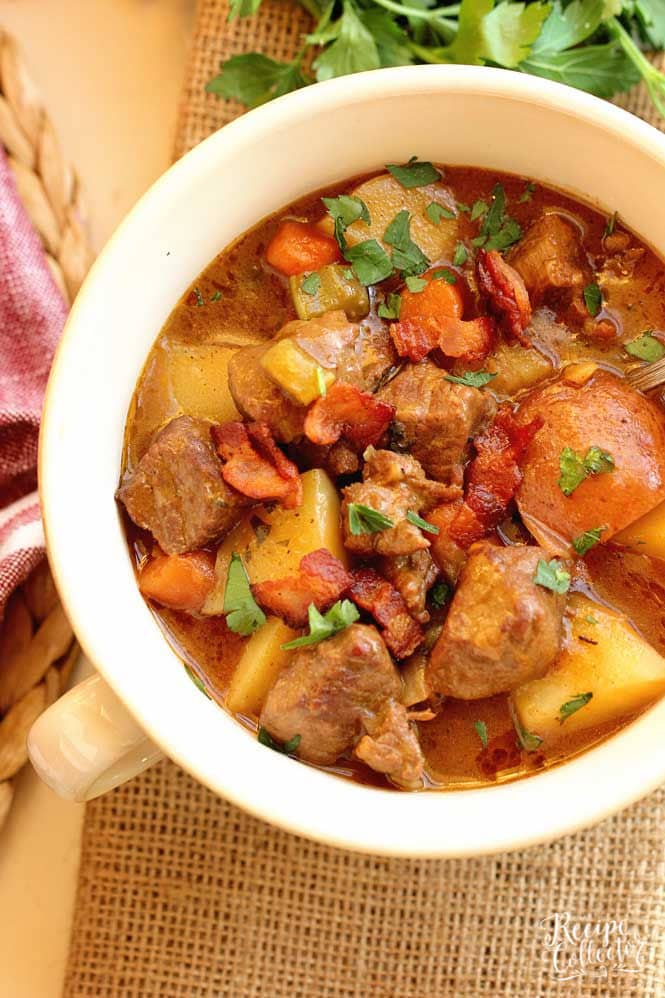 Old-Fashioned Beef Stew - A cozy and hearty stew recipe packed with flavor, topped with crispy bacon, and perfect for those cool nights!