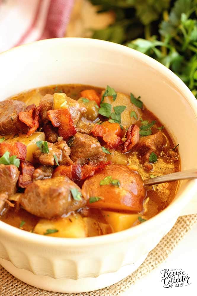 Old-Fashioned Beef Stew - A cozy and hearty stew recipe packed with flavor, topped with crispy bacon, and perfect for those cool nights!