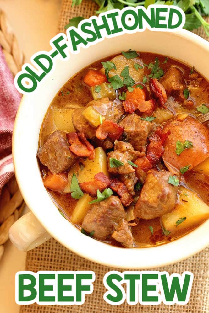 Old-Fashioned Beef Stew - A cozy and hearty stew recipe packed with flavor, topped with crispy bacon, and perfect for those cool nights!