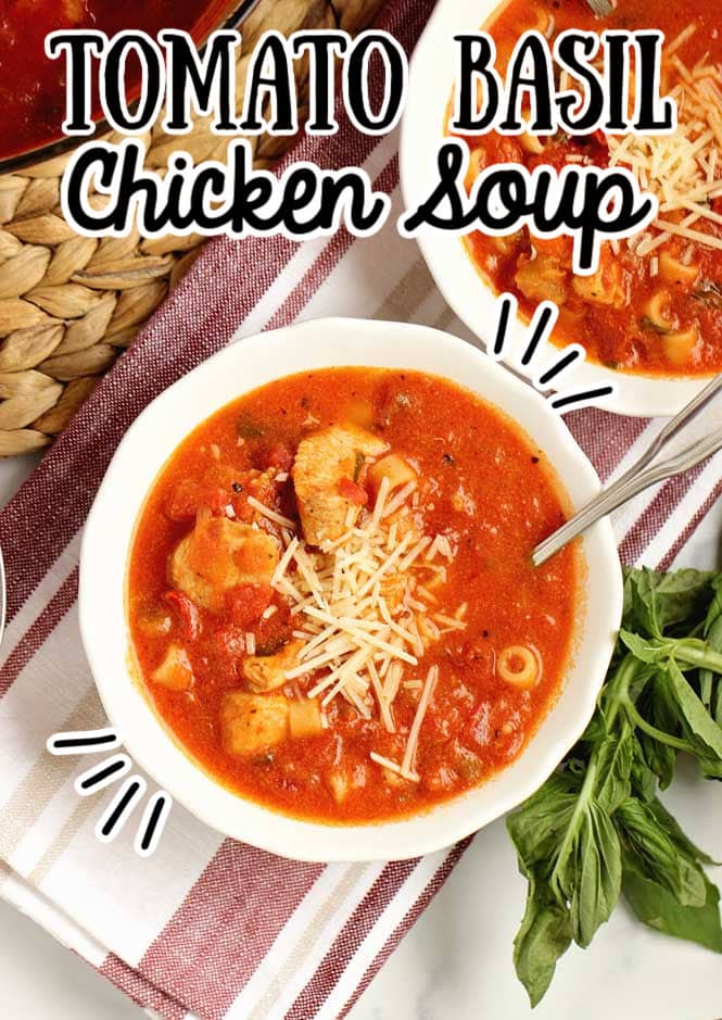 Easy Tomato Basil Chicken Soup - An easy 30 minute comforting soup recipe full of creamy tomato basil flavor and low in calories.