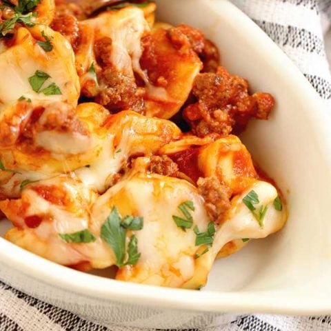 Easy Sausage Tortellini Pasta - This pasta recipe has become a dinner time favorite around here!  It uses only 5 ingredients and cooks in 20 minutes!! You'll never guess what gives it the awesome flavor!