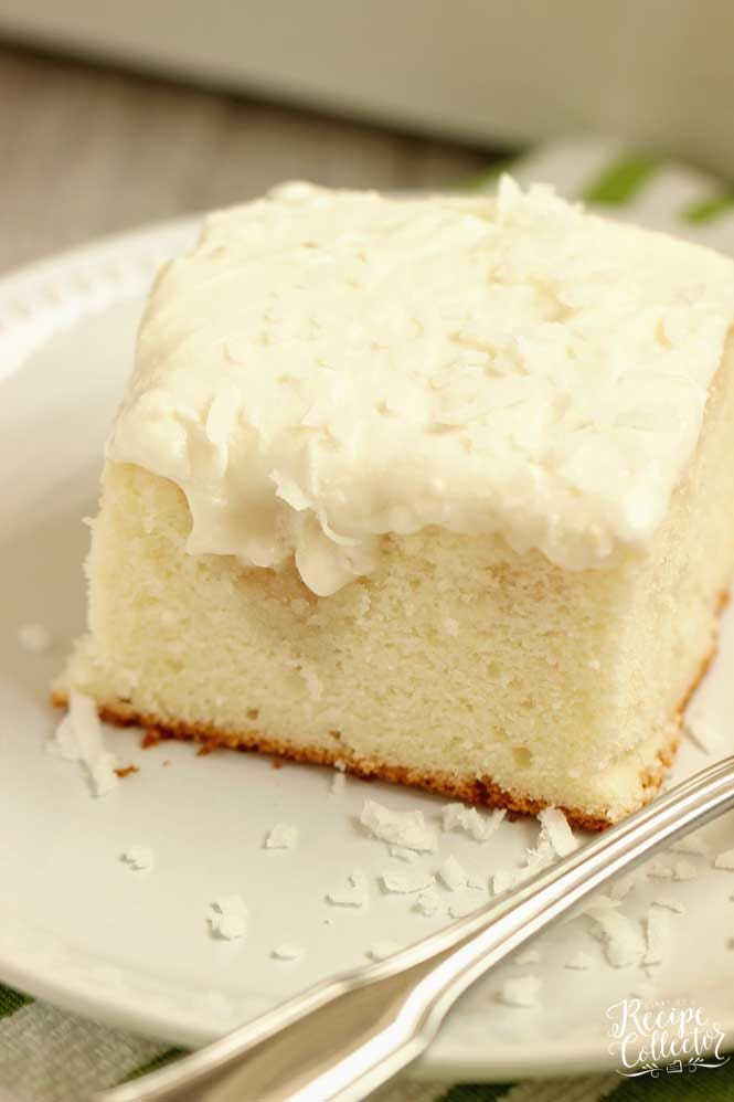 Best Ever Coconut Poke Cake - This recipe uses a doctored up cake mix and one of the best coconut icings ever!  Make it ahead and serve it cold!  Total dessert goodness!