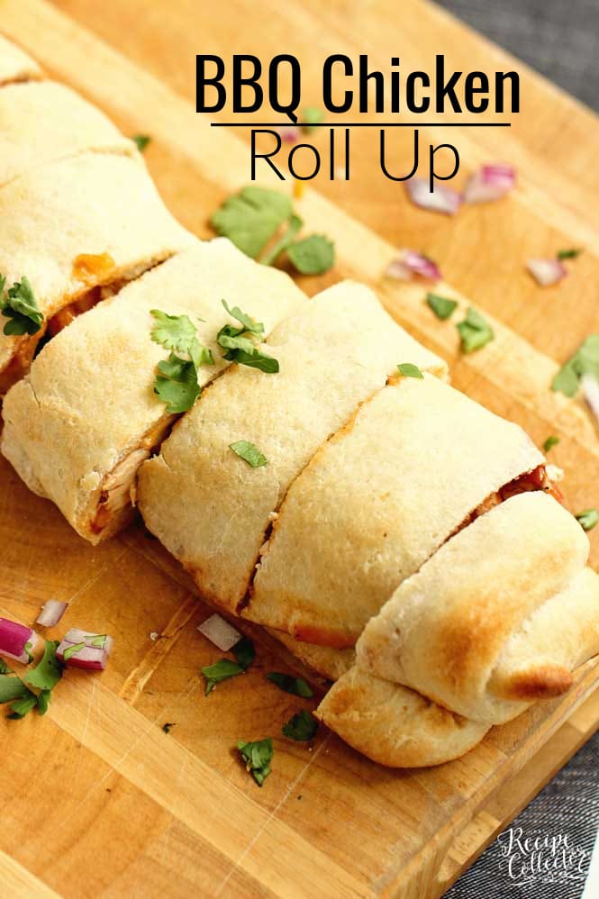 BBQ Chicken Roll-Up - An easy meal idea using refrigerated pizza dough, grilled chicken, your favorite barbecue sauce, cheddar, cilantro, and red onion. 