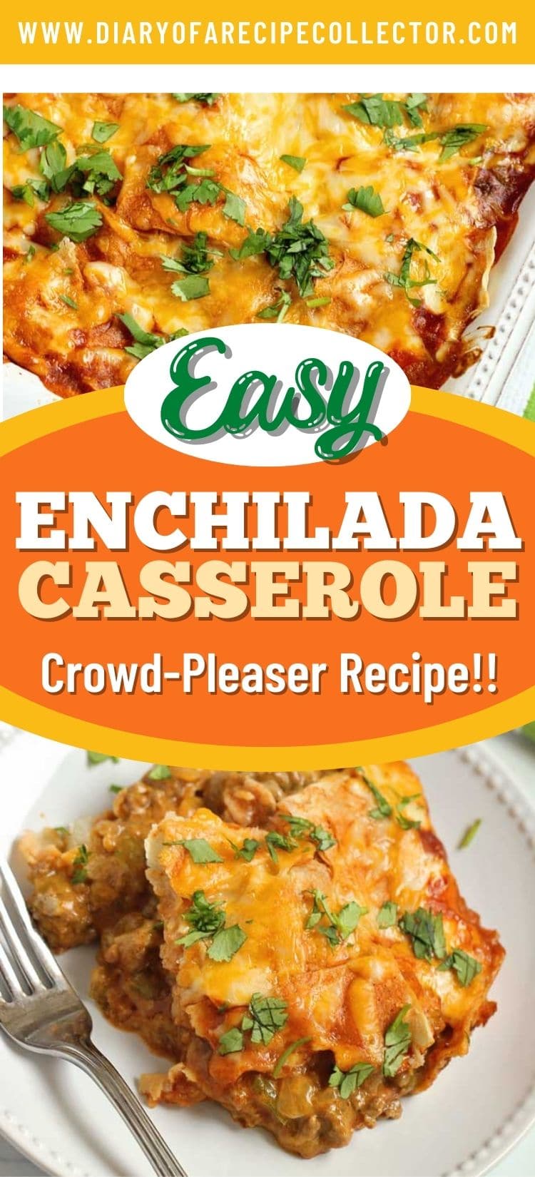 Baked Enchilada Casserole - A total crowd pleasing Mexican casserole recipe filled with layers of white corn tortillas, enchilada sauce, refried beans, meat sauce, and shredded cheese.  Plus, it has a little secret ingredient to give it that great flavor! 