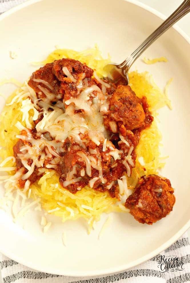 Skinny Chicken Parmesan Meatballs - A low-carb, low-calorie delicious dinner recipe and served over roasted spaghetti squash!