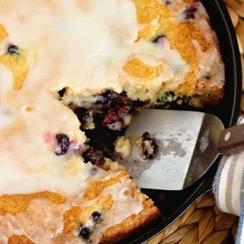 Lemon Blueberry Skillet Cake - Super easy recipe perfect for those lemon blueberry fans.  This cake is moist and great for breakfast or dessert!