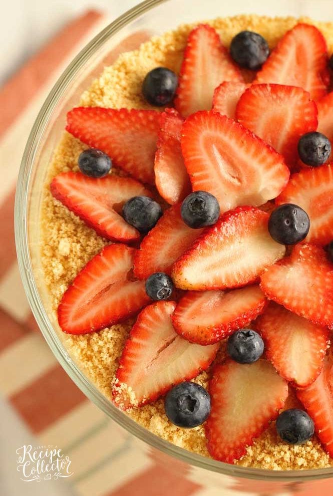 Patriotic Dirt Pudding - An easy and absolutely delicious dessert perfect all summer long.  It's layers of cream cheese and vanilla pudding with golden oreos, strawberries, and blueberries!